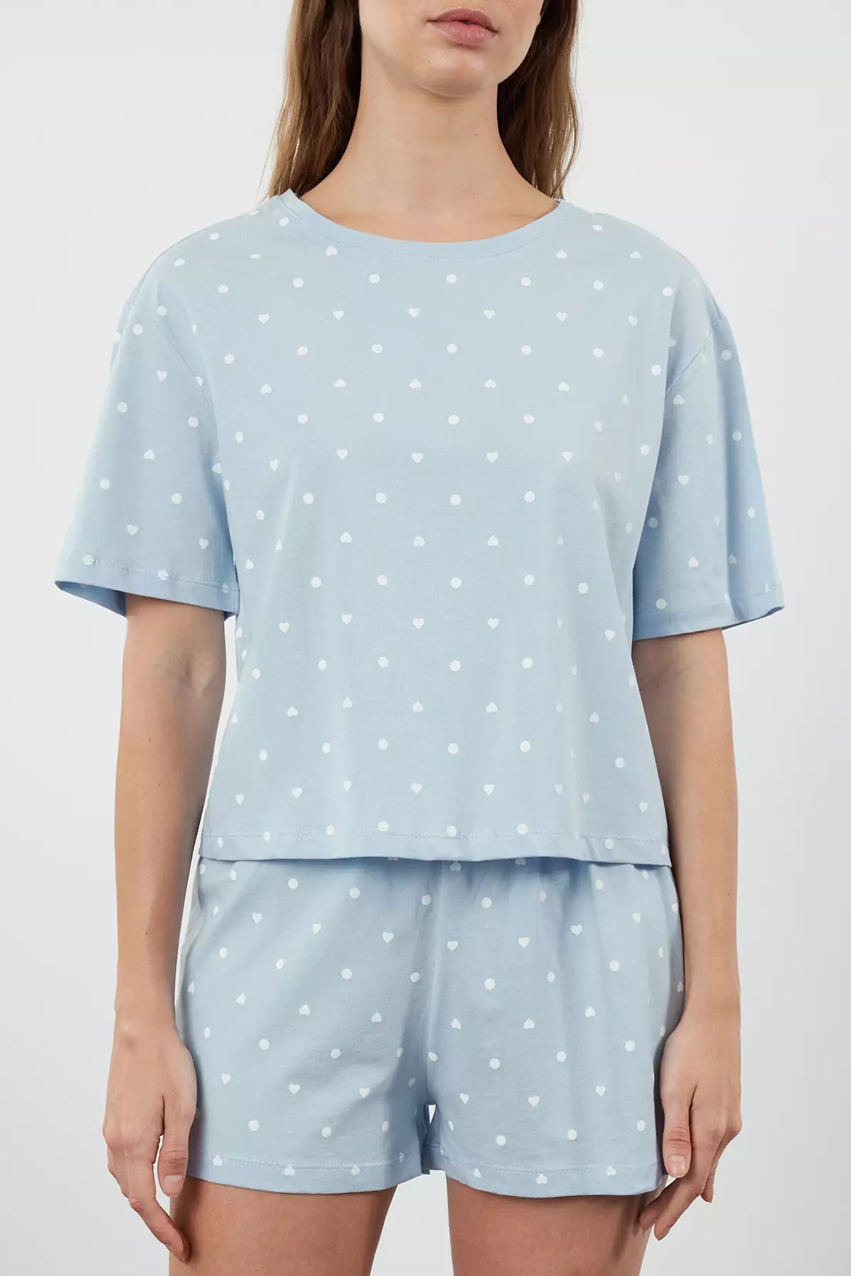 Blue 100% Cotton Polka Dot and Heart Shorts Knitted Pajama Set THMSS21PT1485