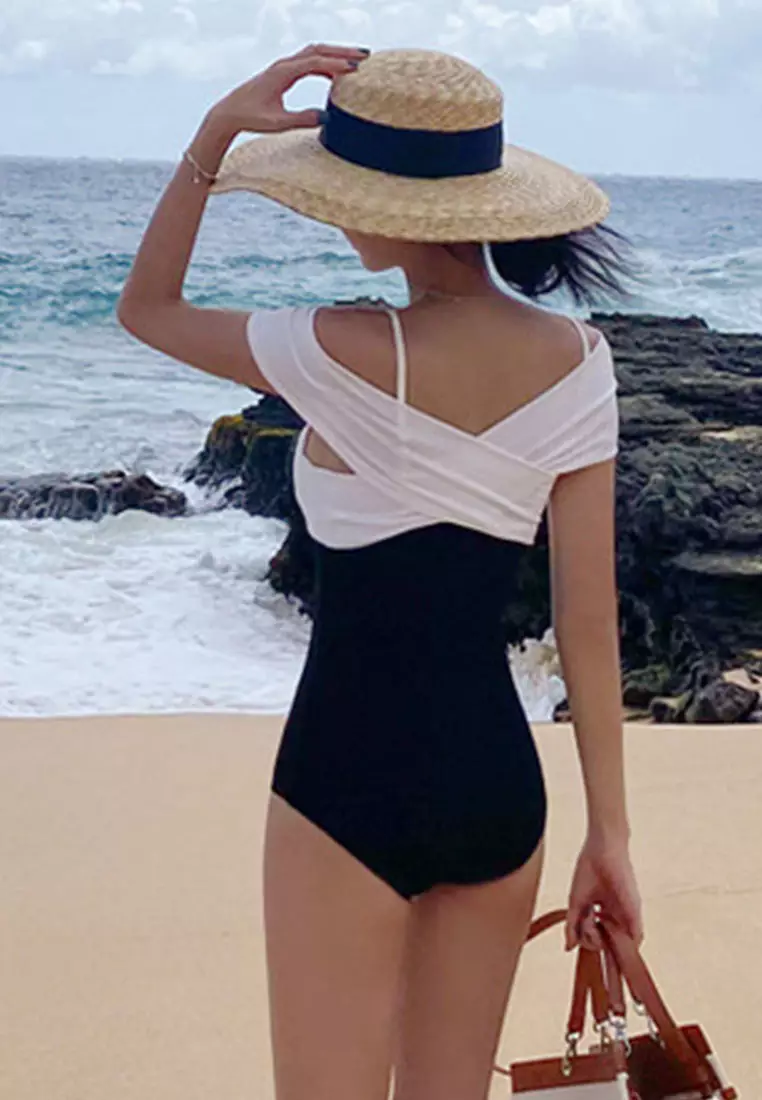 Off Shoulder Black And White Contrast One Piece Swimsuit CA071716