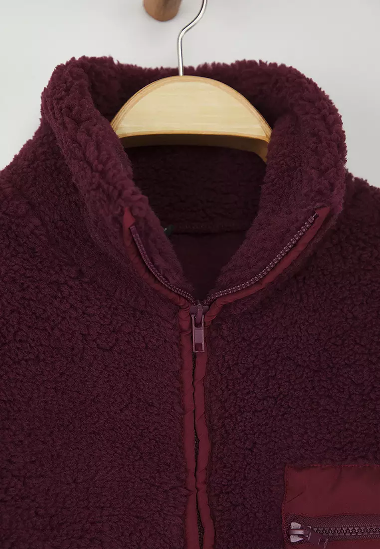 Winter Essentials Plum Fleece Zippered Stand-Up Collar Pocket Detailed Knitted Sweatshirt Twoaw24Sw00071