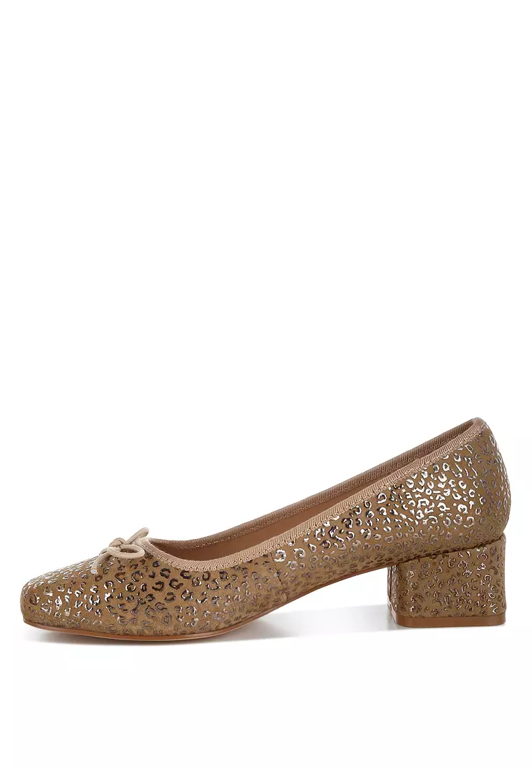 Leopard Print Block Heel Ballerinas in Tan