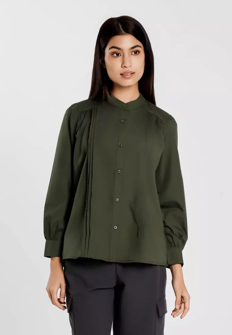 Forest Ladies Front Pleated Blouse Women Plain Long Sleeve Top - 822513-45Dk Olive