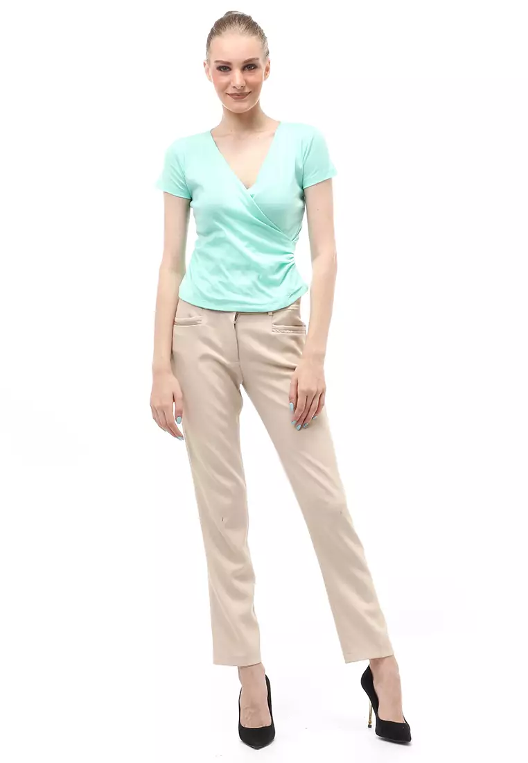 Blouse Atasan Wanita Short Sleeves Kerah V-neck Design Simple Elegant - Mint