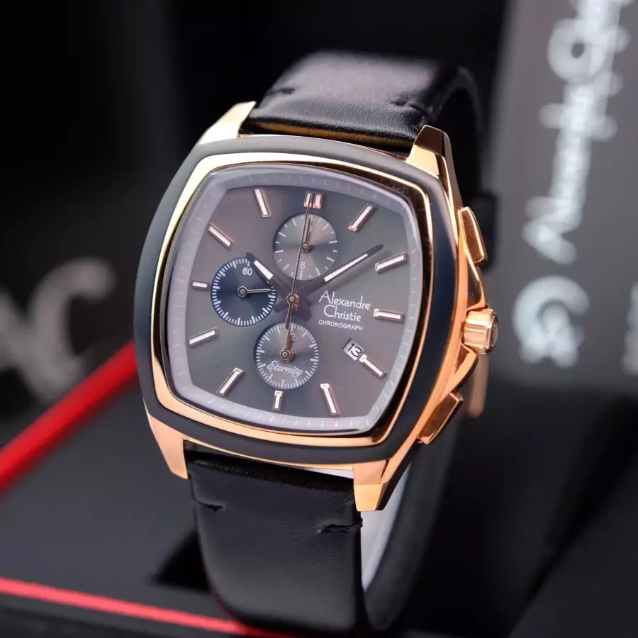 Alexandre Christie 6616 Rosegold Ring Hitam Kulit Hitam Cowok