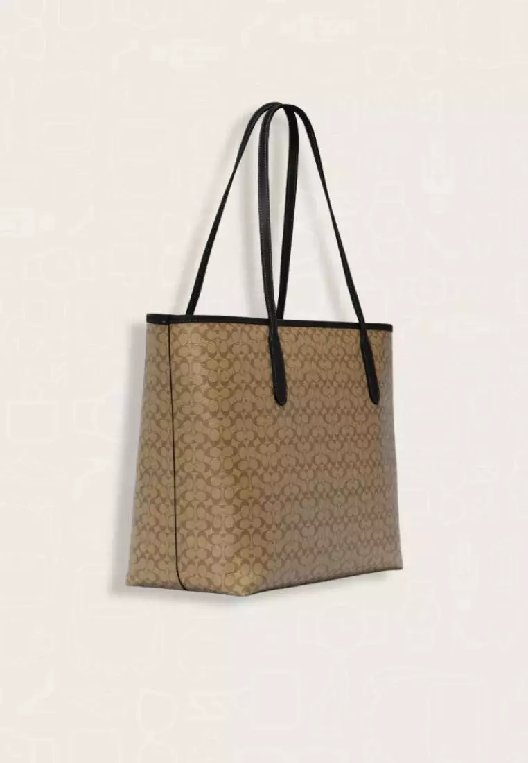 Coach City Tote In Signature Canvas Khaki Black