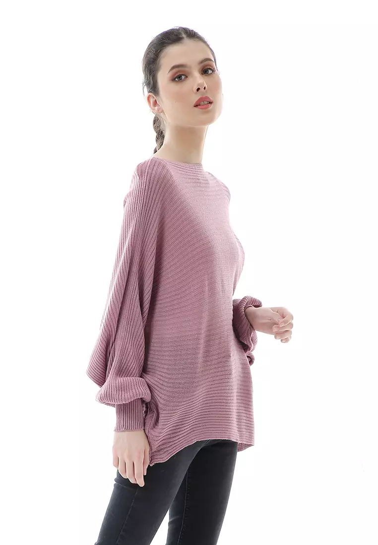 Eveline Sweater Rajut Batwing Atasan Wanita Motif Polos High Quality - Nila Muda