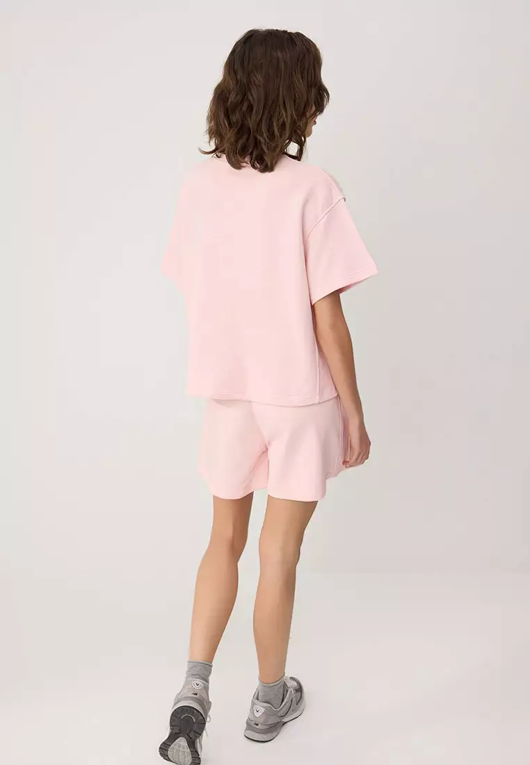 Pink Oversize Low Arm Short Sleeve 2 Thread Combed Cotton Knitted Bottom-Top Set Twoss26Au117