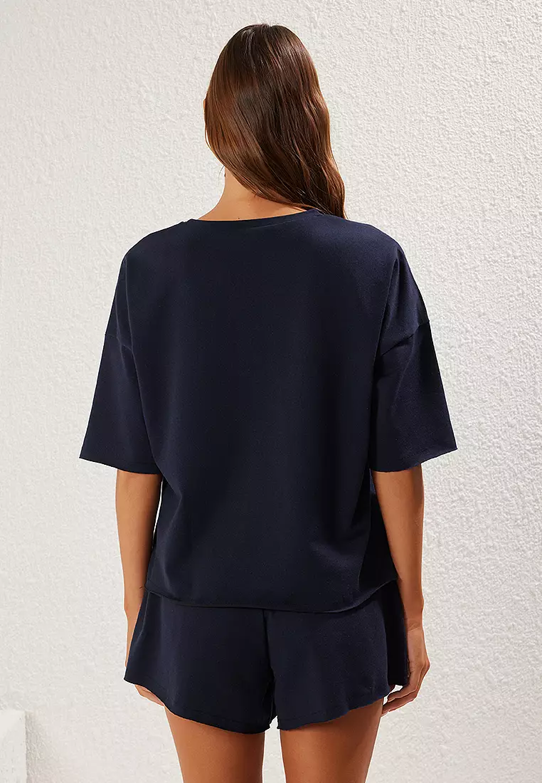 Oversize/Wide Pattern Thin Flexible Shorts T-Shirt Knitted Top Bottom Set