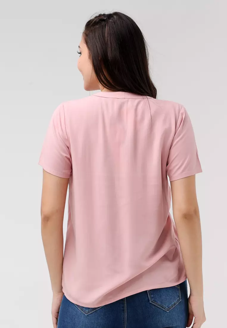 Woven Plain Rayon Short Sleeves Blouse