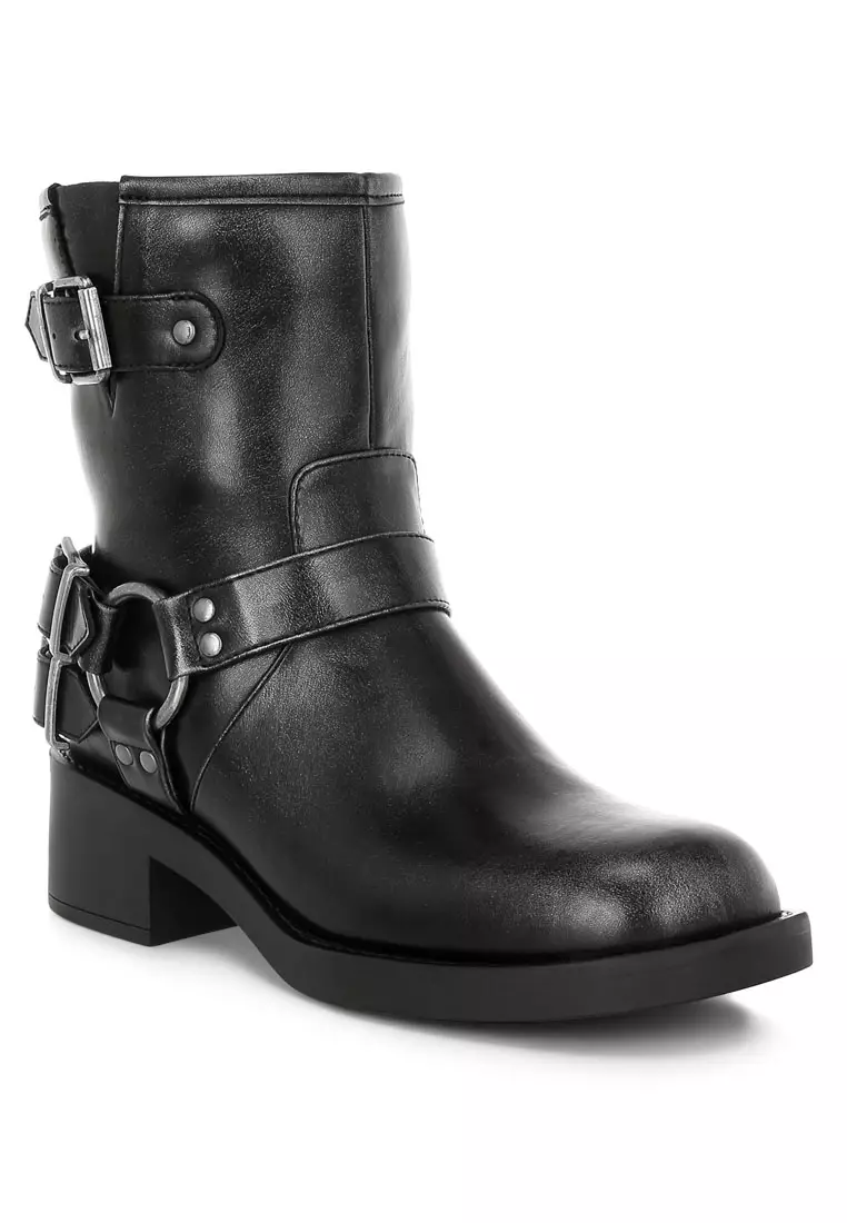 Harness Detail Biker Boots in Black