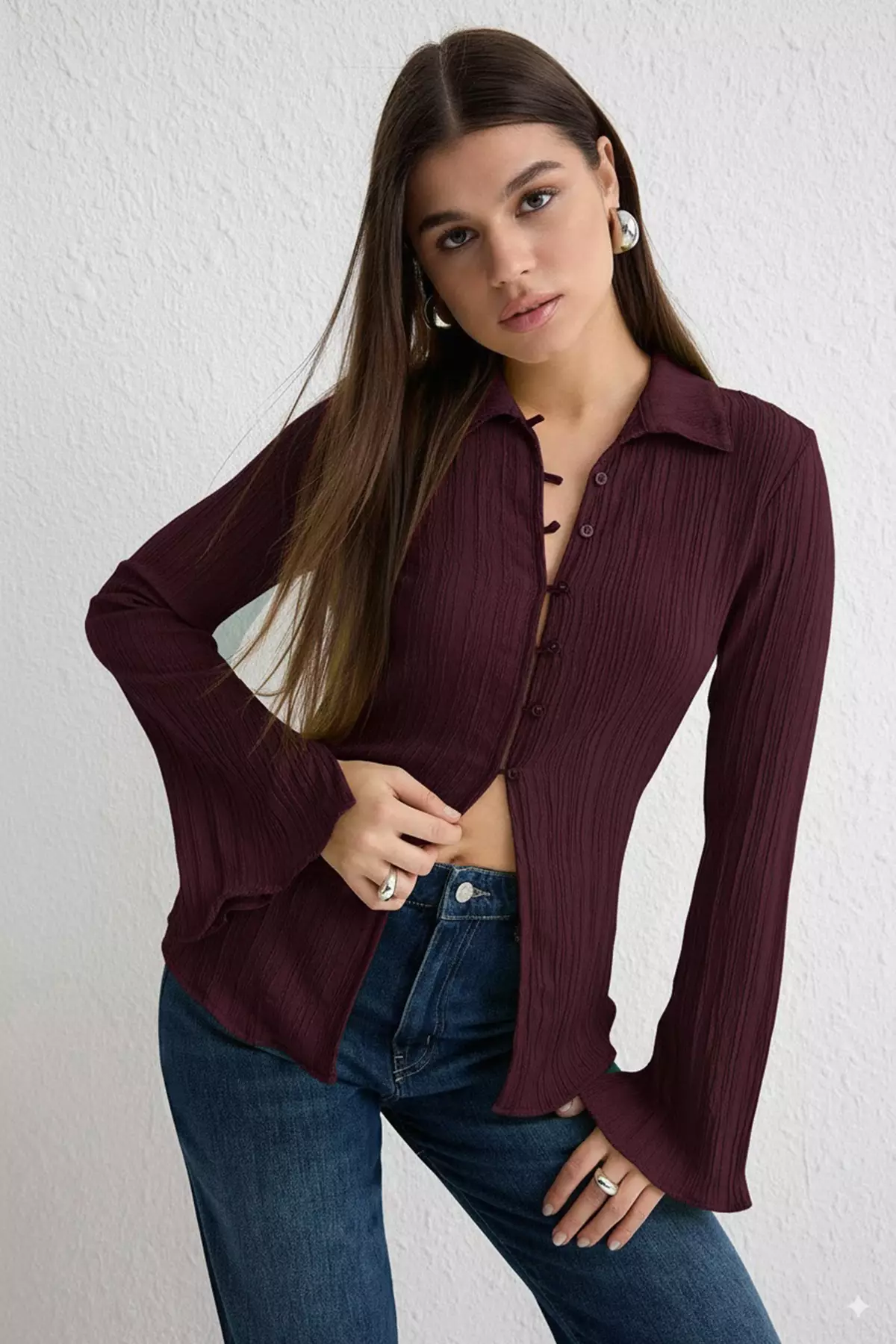 Plum Textured Fitted Waist Woven Shirt Twoss24Go00002