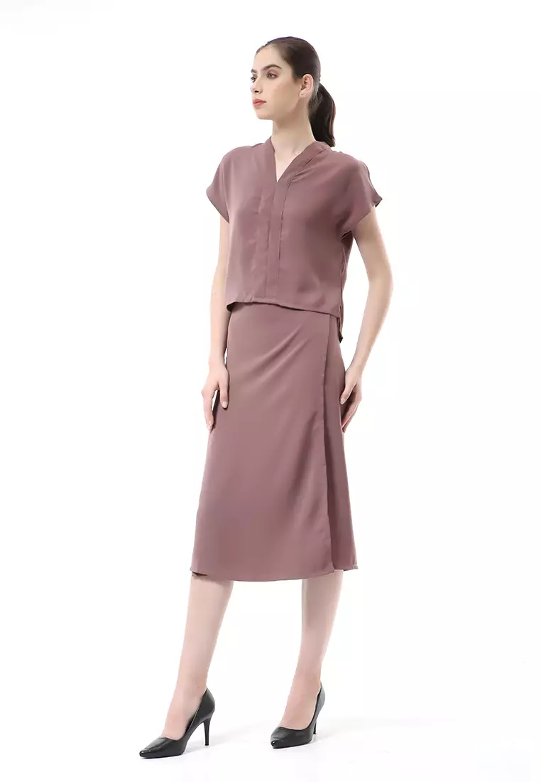 Nayra Setelan Baju & Rok Wanita One Set Adjustable Short Sleeve Material Dolce ORIGINAL - Chocolate