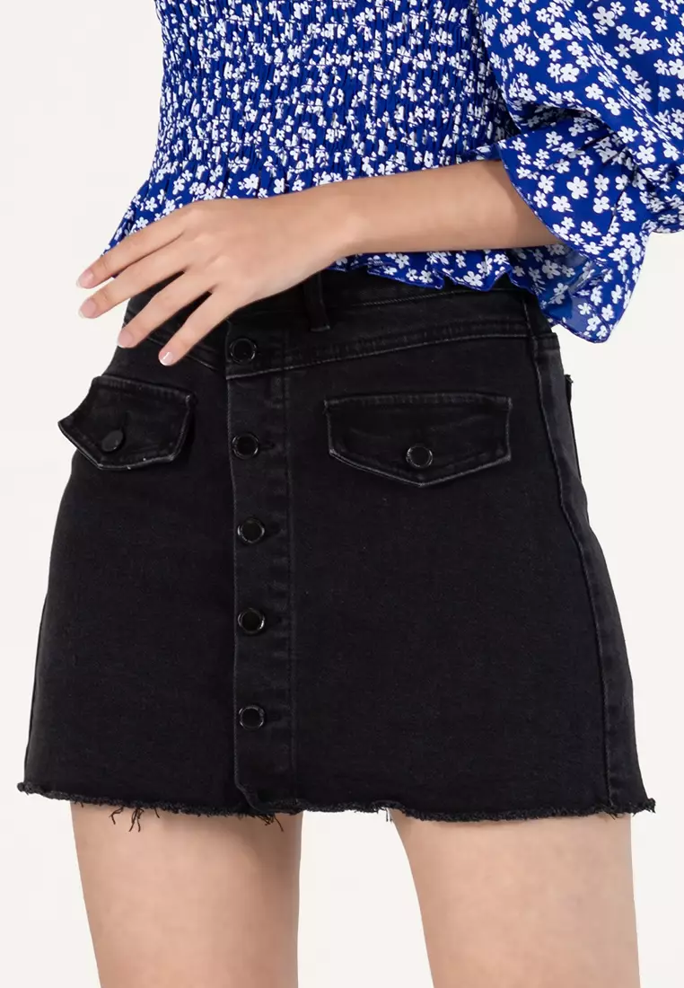 Button front black shop denim skirt