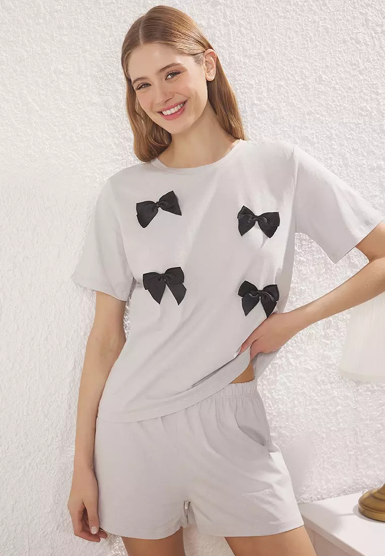 Light Grey 100% Cotton Ribbon/Bow Knitted Pajama Set With Shorts Thmss25Pt00376