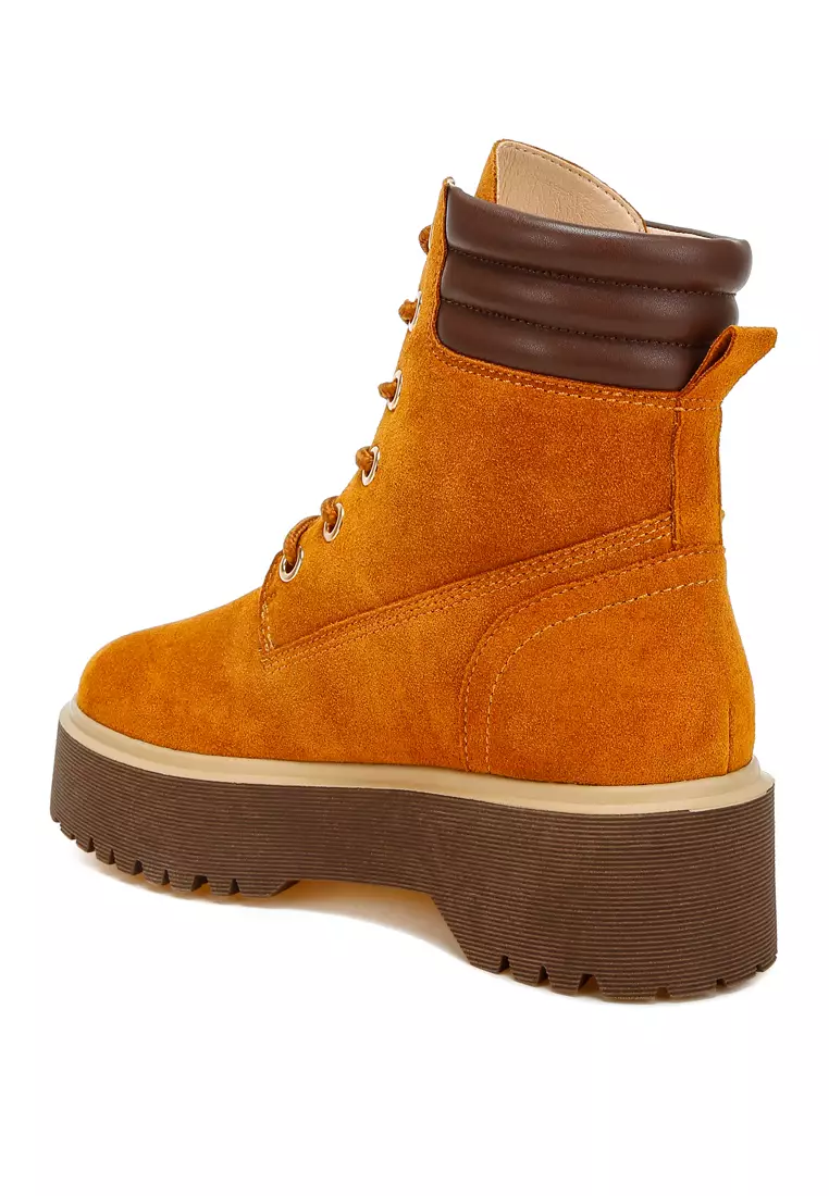 Sepatu Bot Suede Asli Pergelangan Kaki Tinggi Warna Tan