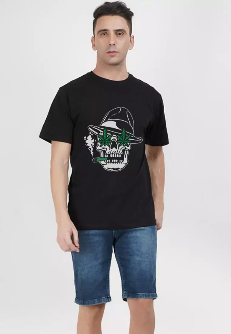 Weed Skull Print Graphic Black Short Sleeves Regular Fit Tee