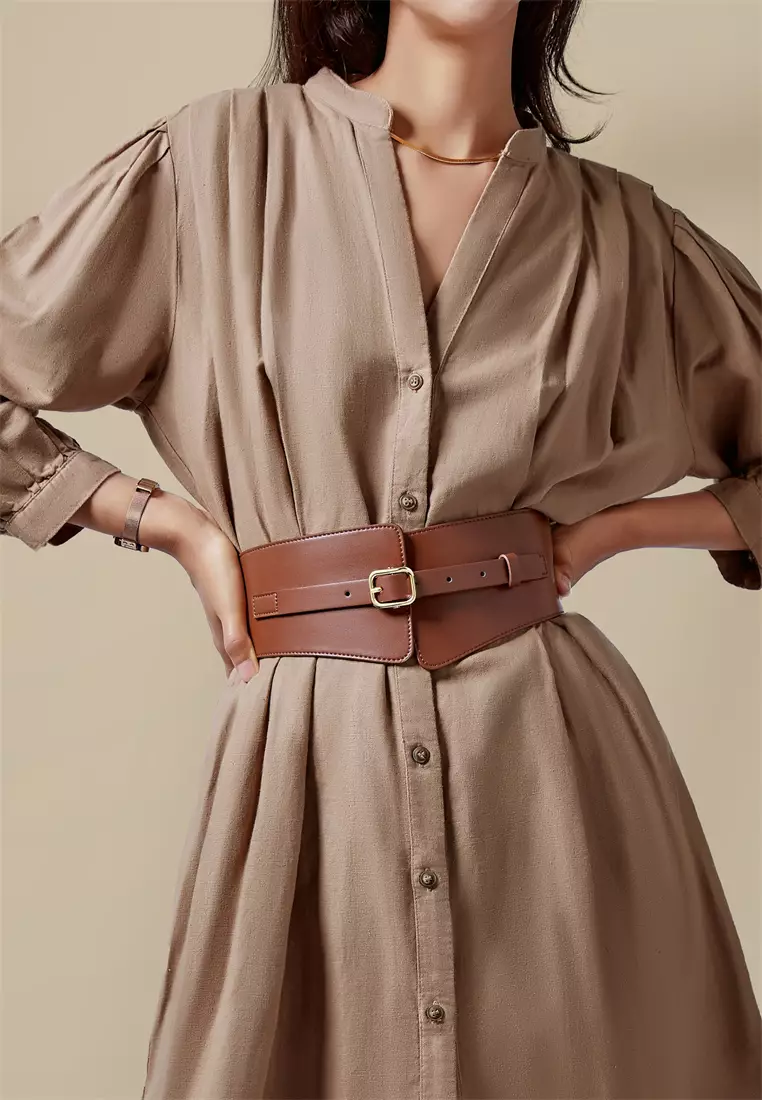 Noa 女士宽版弹性腰带 可调节 带针扣 - 棕色