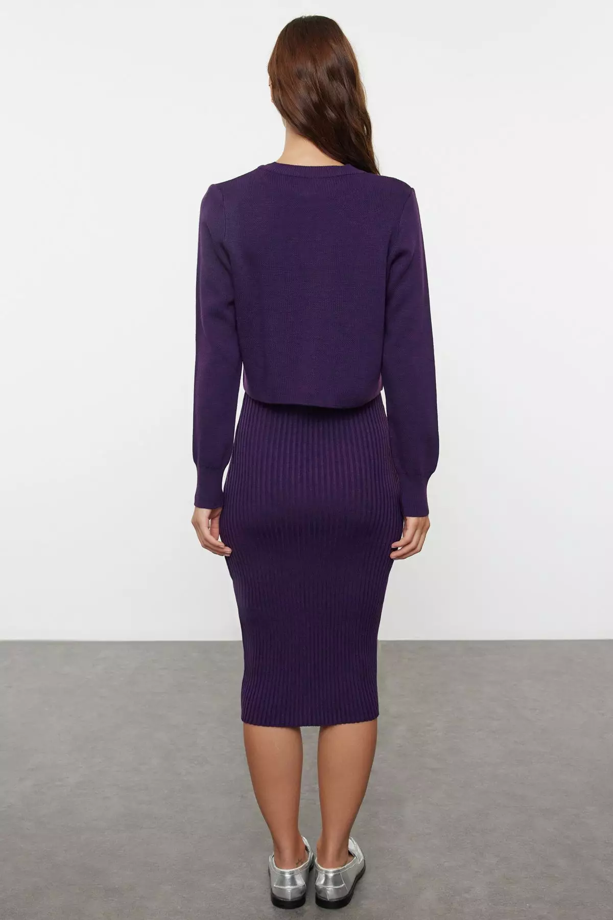 Purple Midi Knitwear Basic Cardigan Dress Twoss23El00738