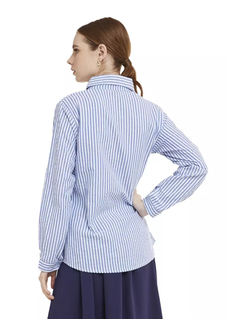 Kemeja Salur Basic Lengan Panjang Garis Shirt Wanita - Blue