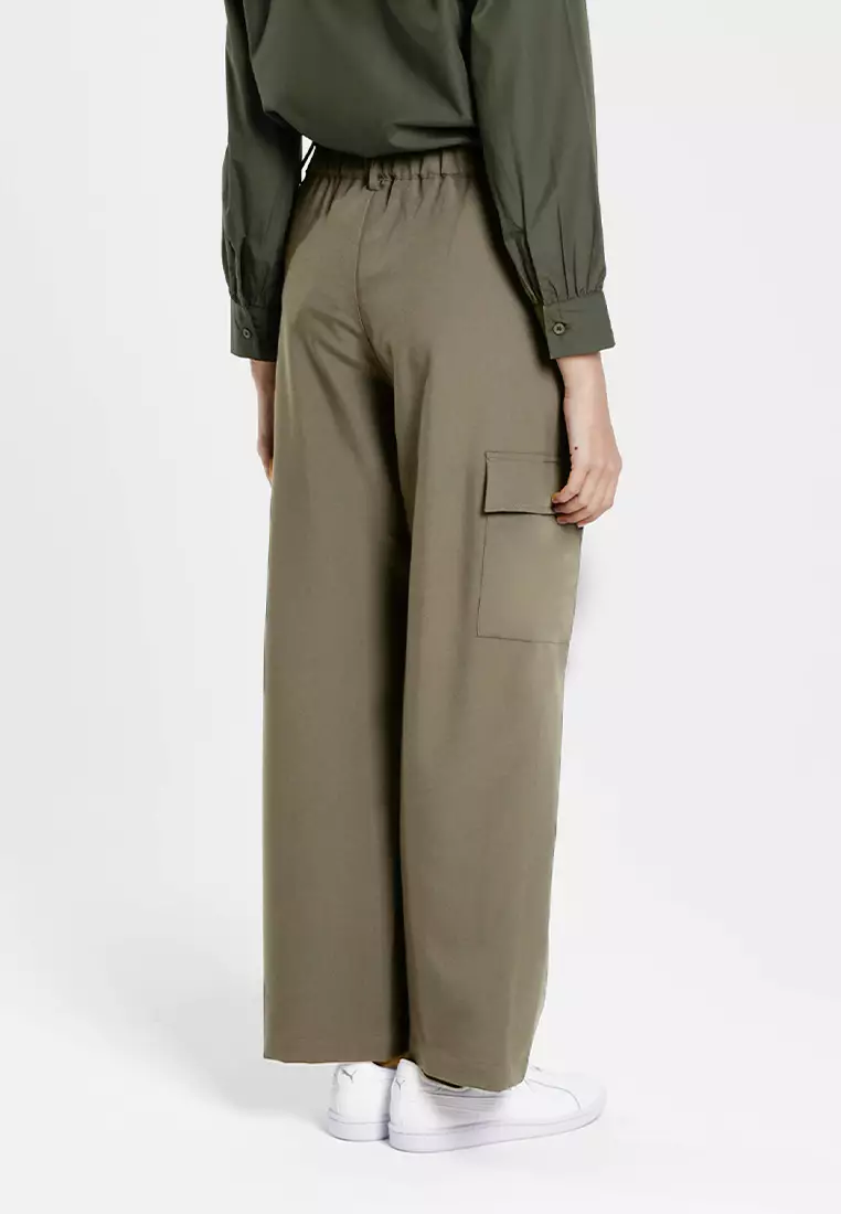 Forest Ladies Pleated Cargo Long Pants Women Wide Leg Pants | Seluar Panjang Perempuan - 810550-14KhakiGreen