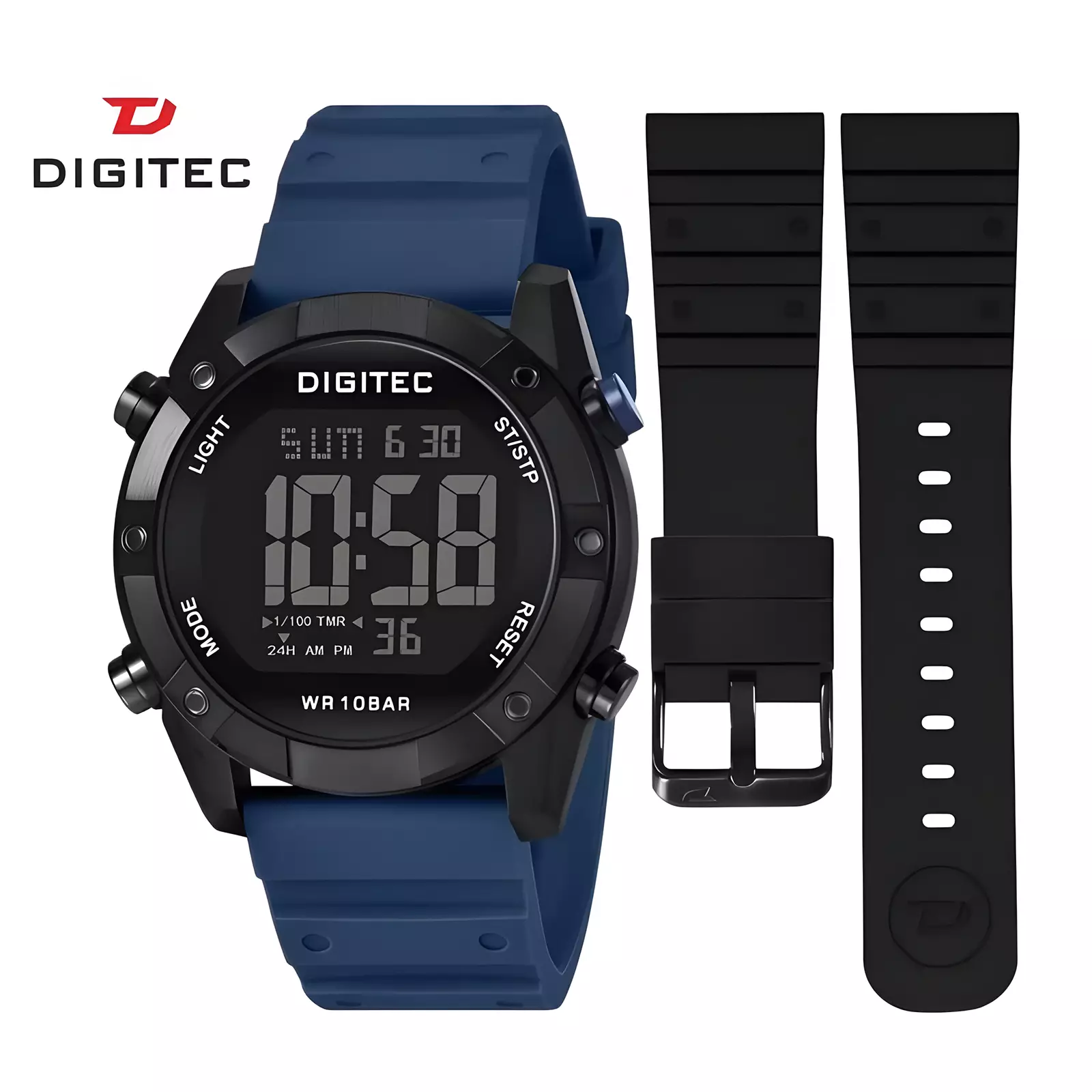 Beli 1 Dapat 2! Jam Tangan DIGITEC DGS-5203T Stainless Steel + Bonus Strap Cadangan! - Black Blue BL-4B