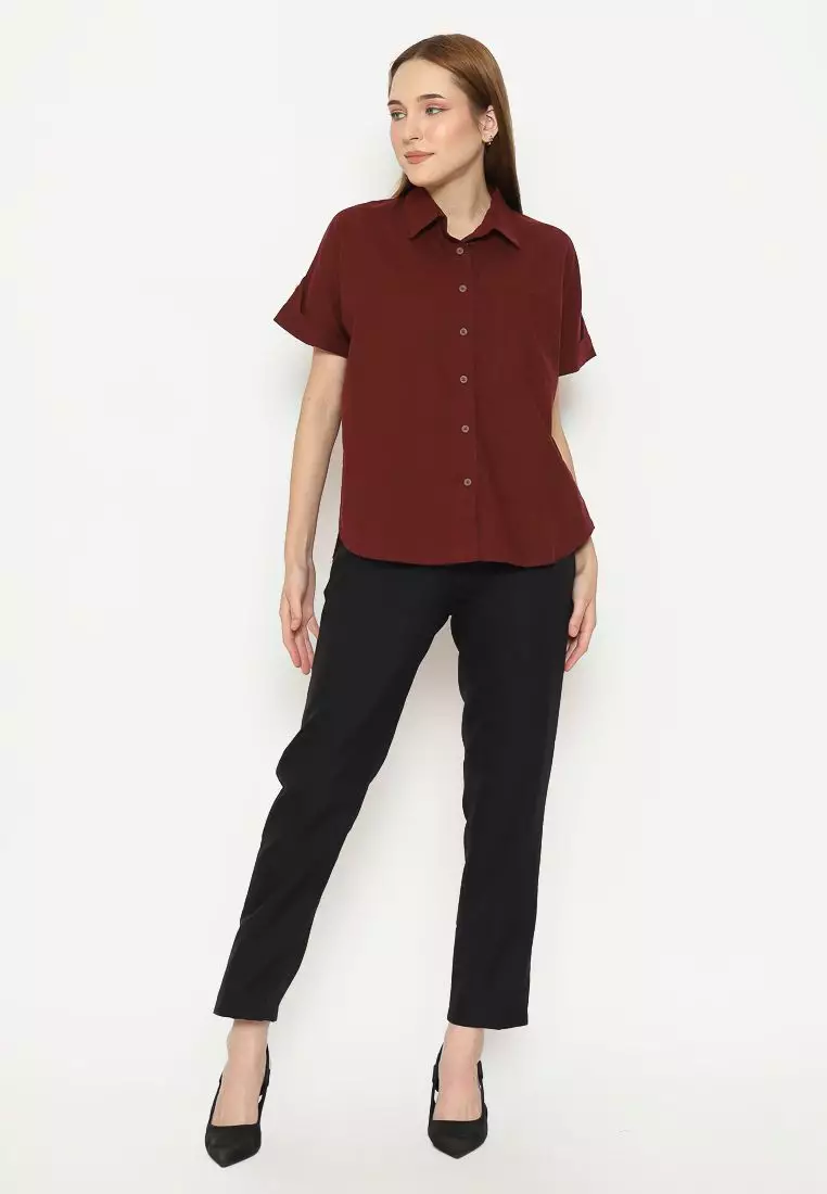Urban Exchange Kemeja Alisha Maroon - Kemeja Basic Lengan Pendek