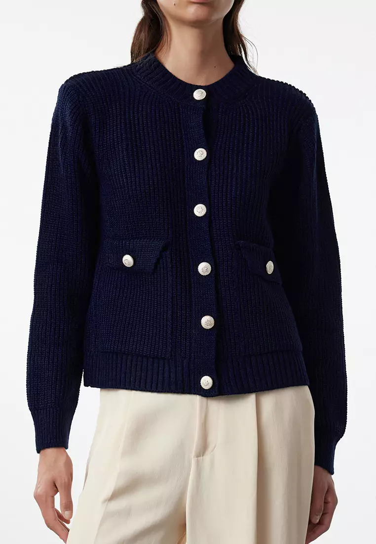 Navy Blue Crew Neck Jacket-Look Knitwear Cardigan TWOAW25HI00061