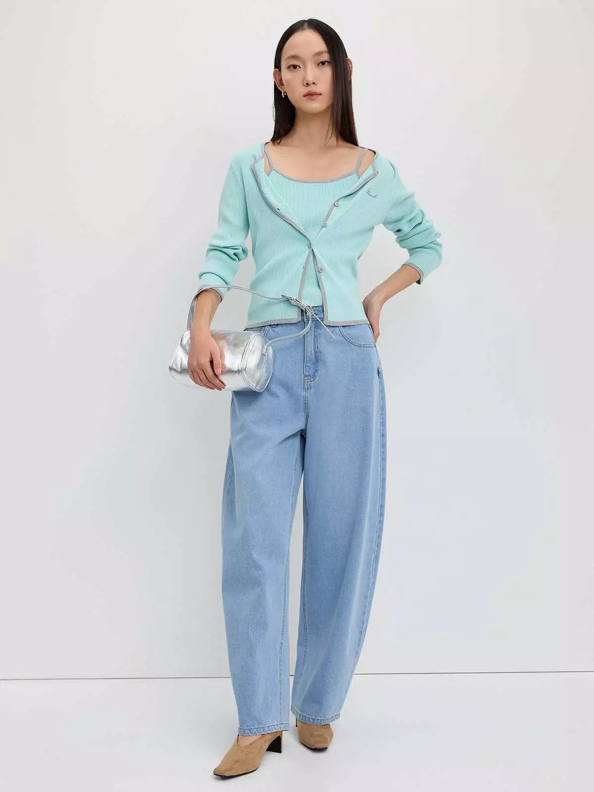 Faux Layer Knit Cardigan - Turquoise