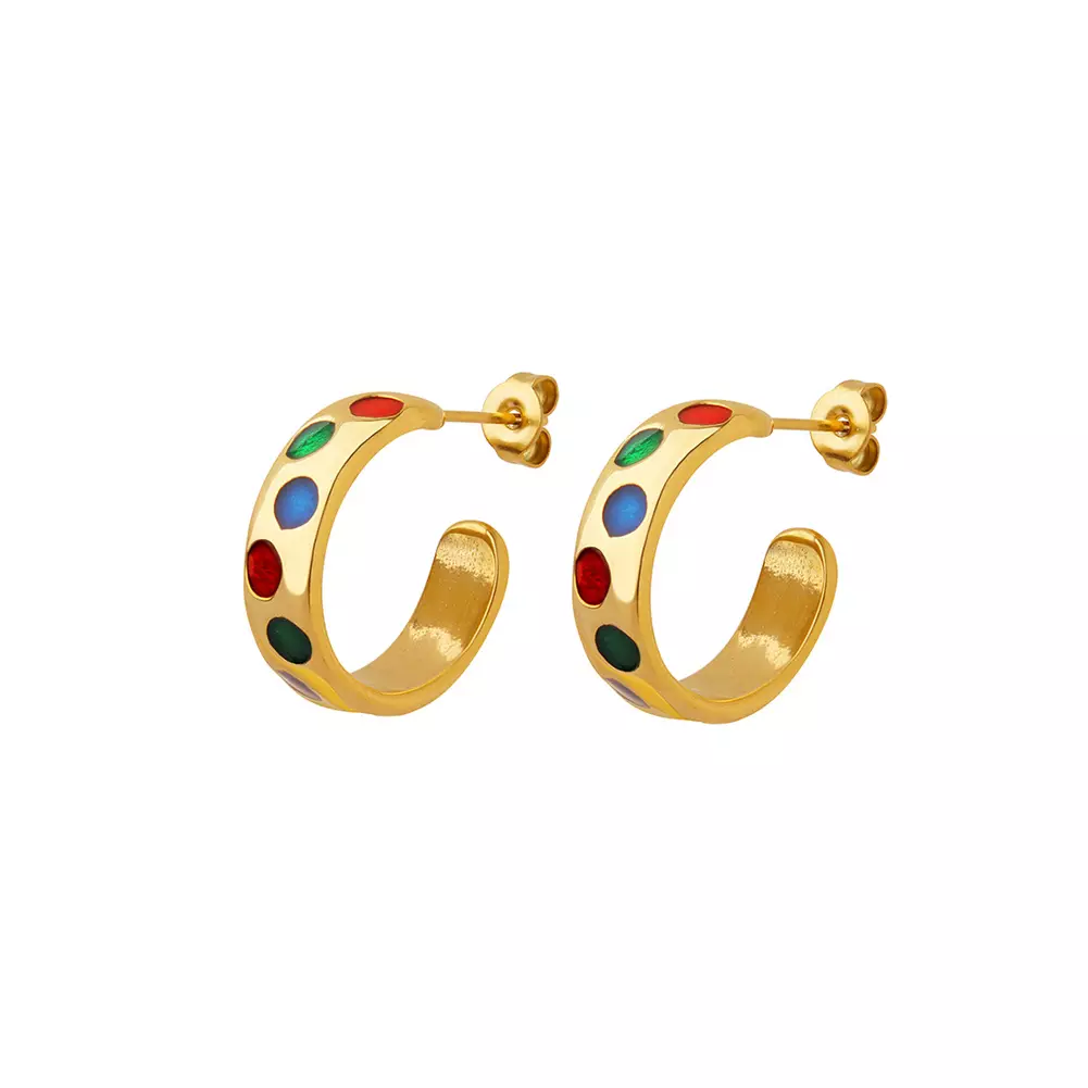Glamorousky Gold Enamel Color Dot C-Shape Geometric Earrings Anting