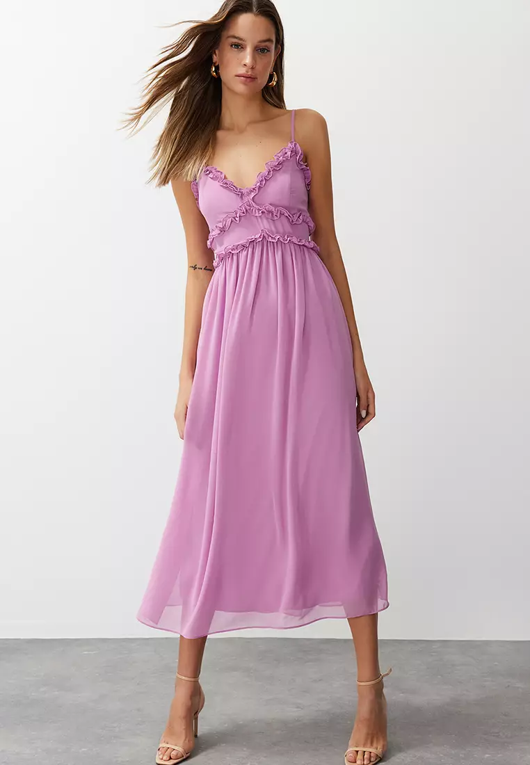 Fuchsia Floral Print A-Cut Ruffle Detailed Lined Chiffon Maxi Woven Dress