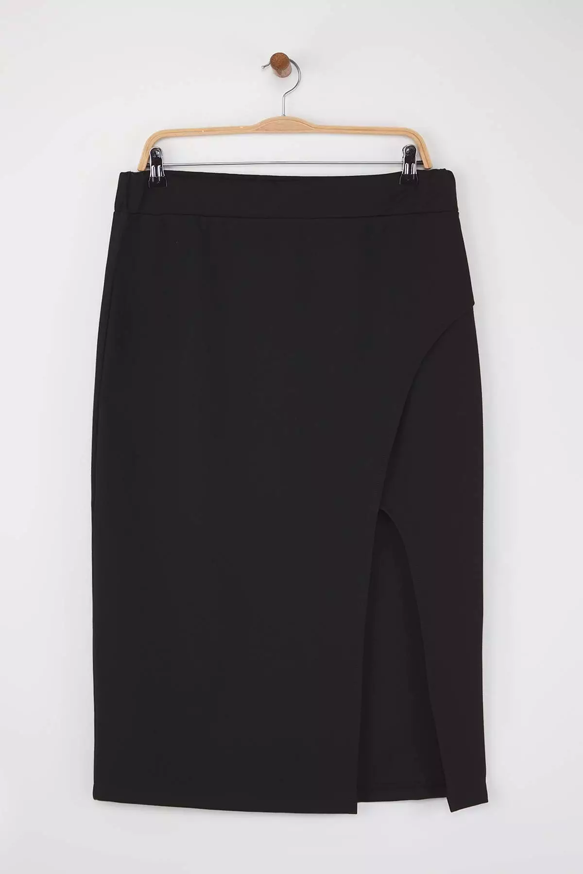 Black Slit Detailed Knitted Stretch Fabric Plus Size Midi Skirt