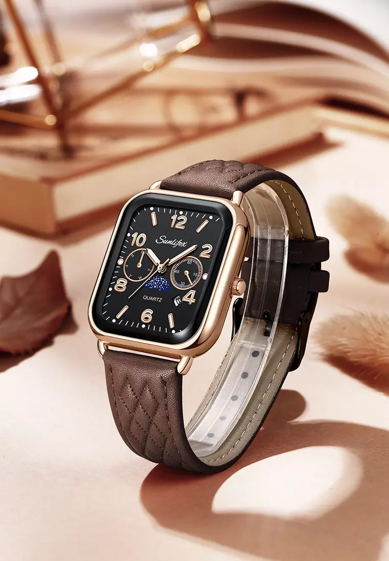 Jam Tangan Wanita Korean Kasual Mode Tali Kulit Kuarsa Jam Tangan Cewek Original coffee black