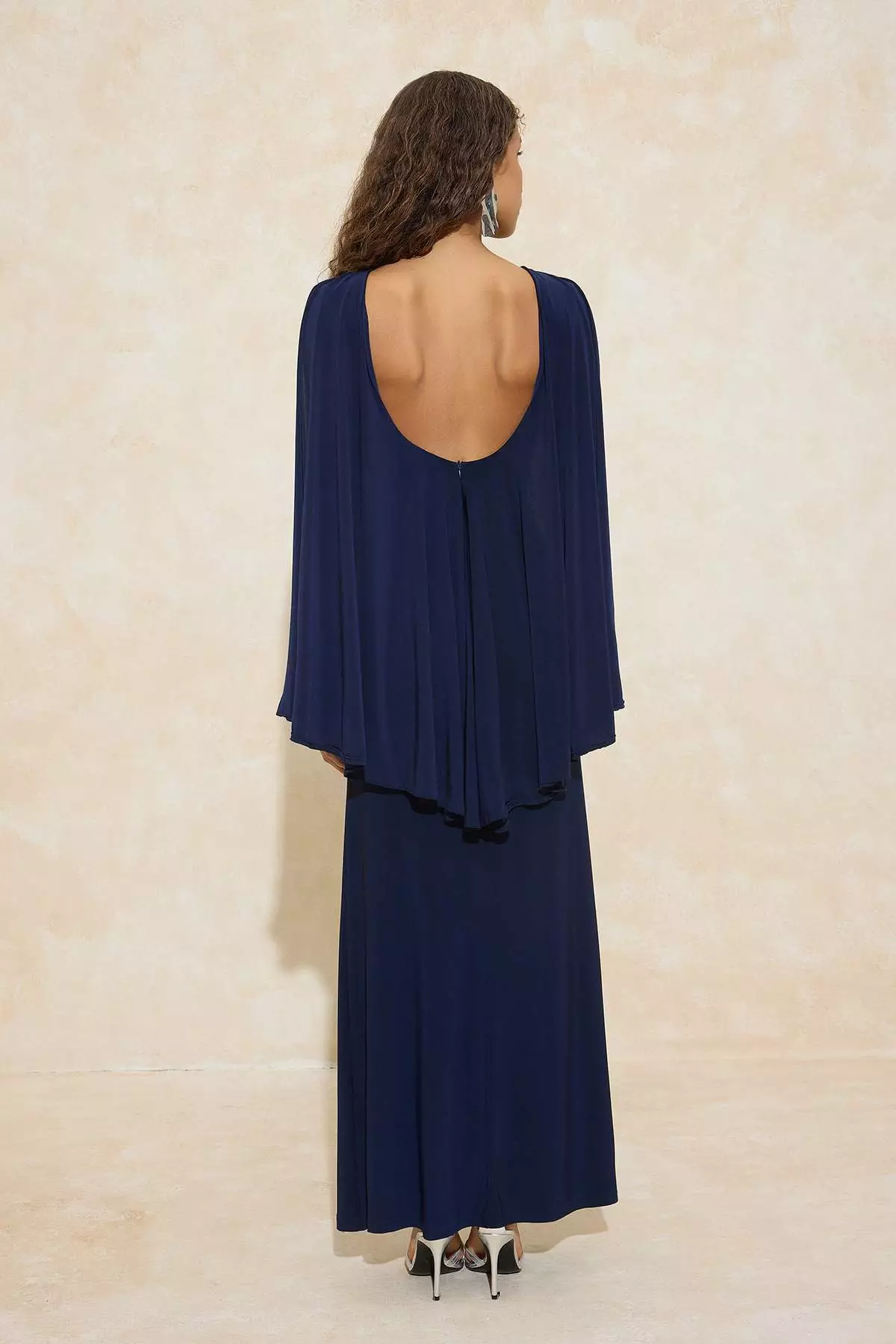 Navy Blue Cape Detailed Backless Maxi Evening & Graduation Dress Tprss26Ae23
