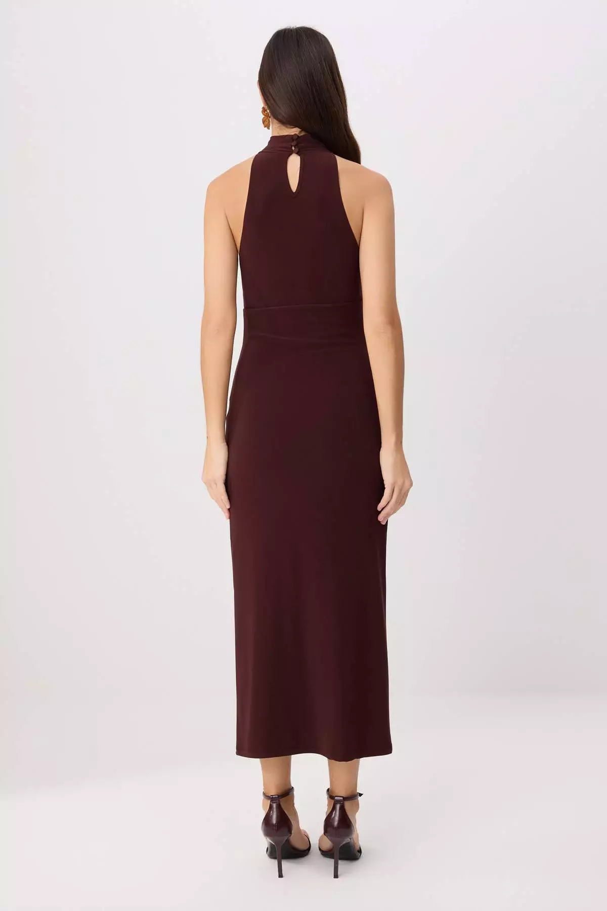 Brown Bodycon Halter Neck Sleeveless Accessory Detailed Midi Stretchy Knitted Dress Twoss26El00267