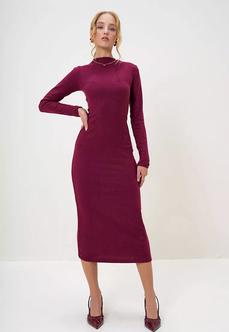 Crew Neck Long Sleeve Interlock Fabric Midi Length Dress