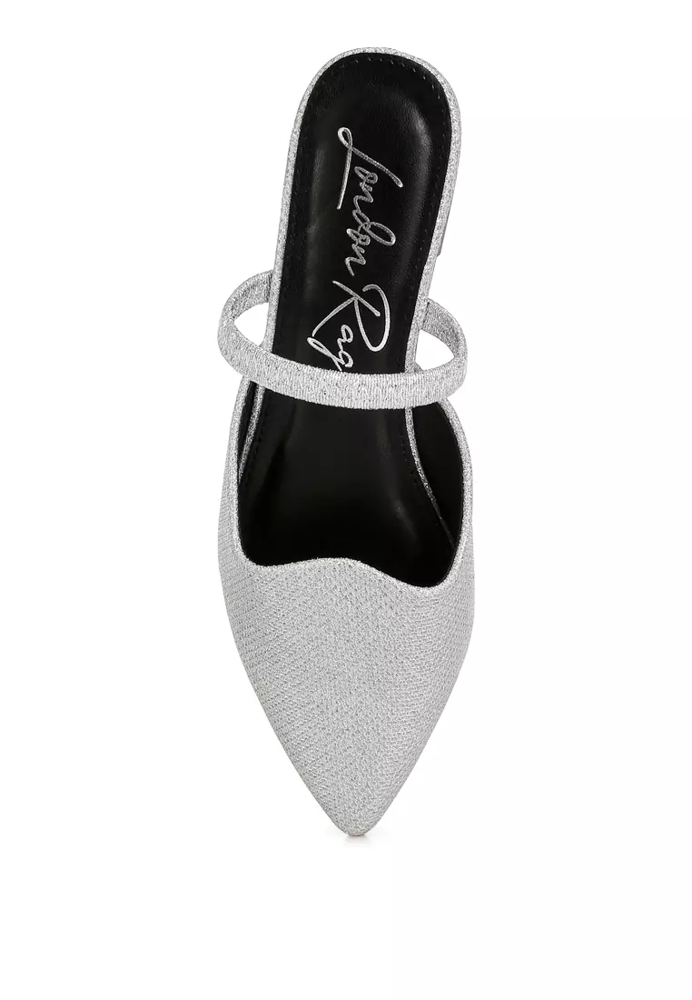 Glitter Faux Leather Flat Mules in Silver