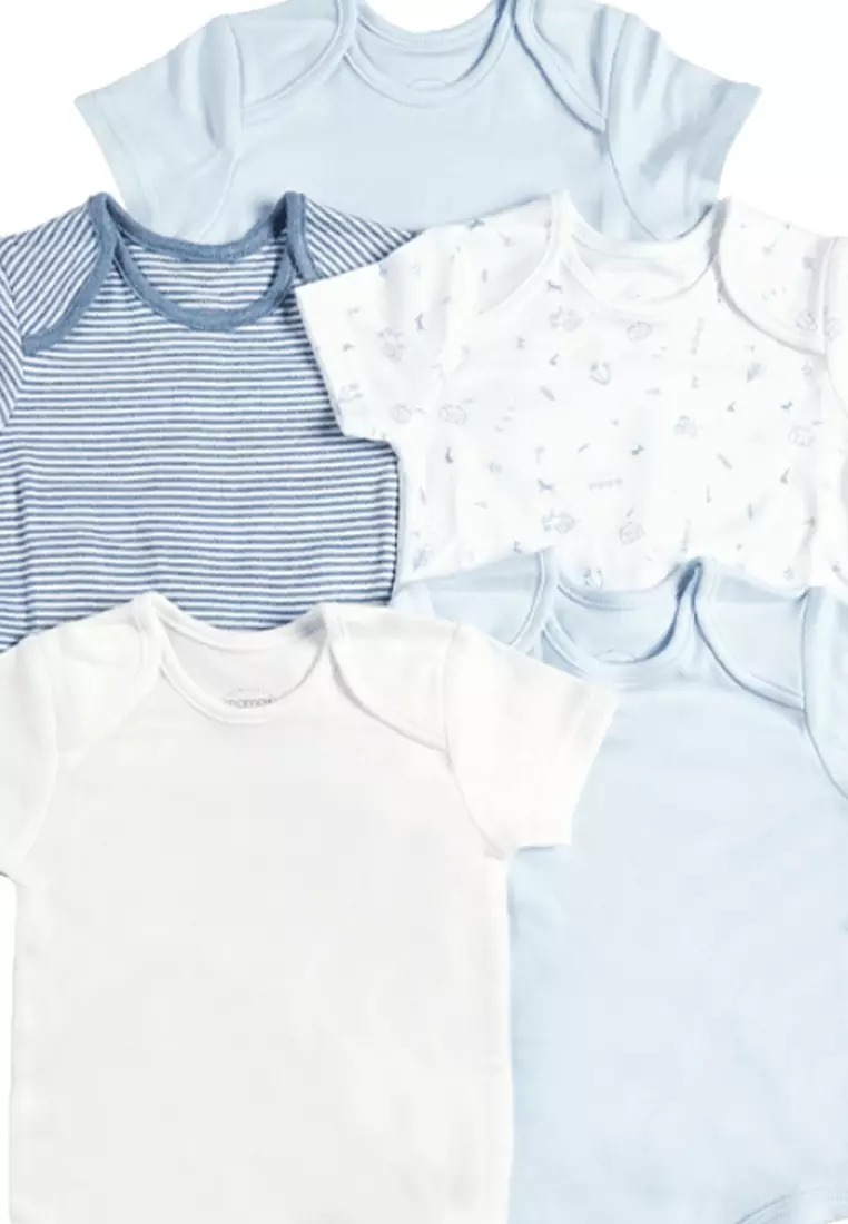 Blue Boys Short Sleeve Cotton Bodysuits - 5 Pack