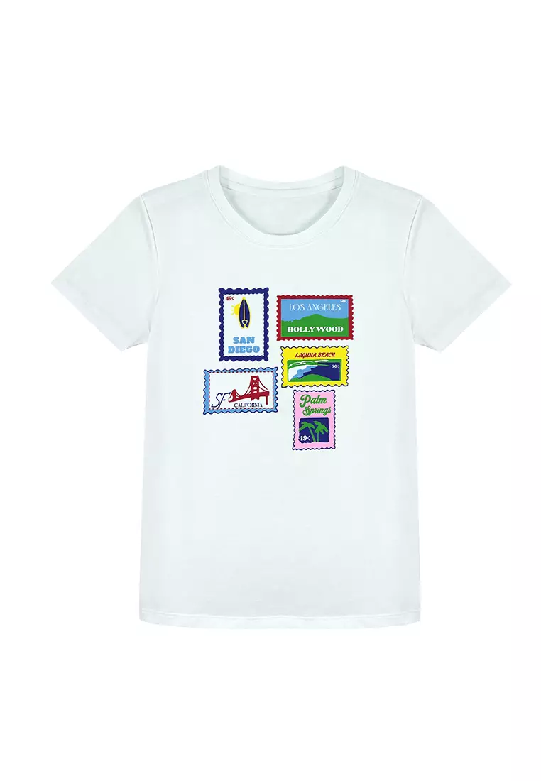 Ladies White Graphic T-shirt "Post Stamps"
