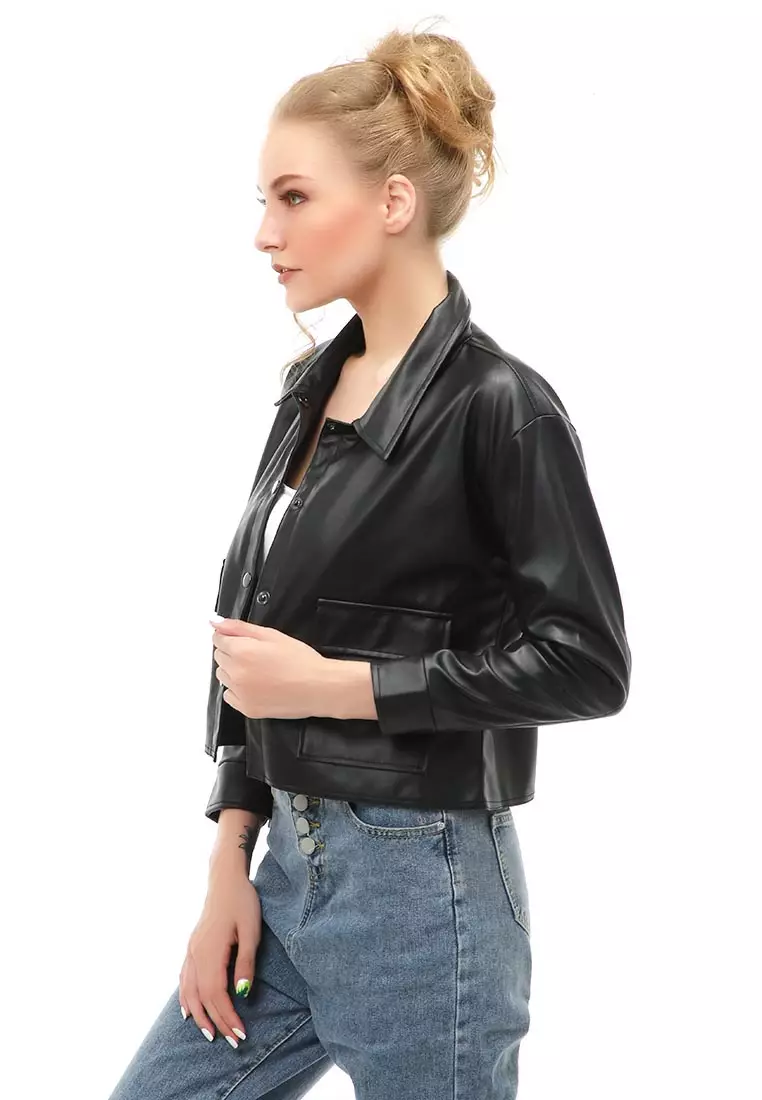 Glenice Jacket Outer Fashion Wanita Model Korea Waterproof Windproof Material Leather ORIGINAL - Black