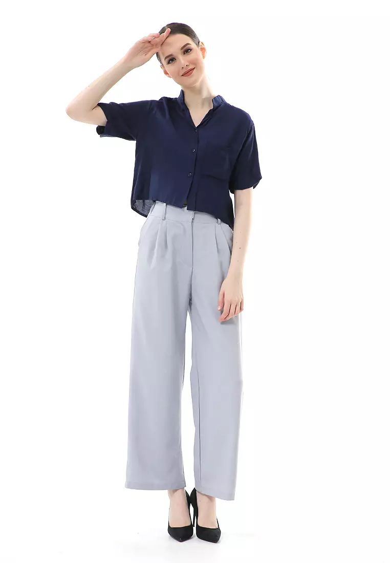 Melinda Kemeja Crop Top Atasan Wanita Motif Polos Relaxed Fit - Navy