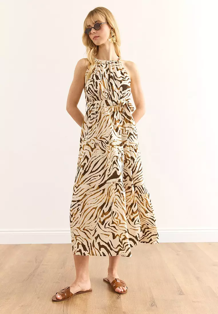 Halter Neck Belted Woven Viscose Dress