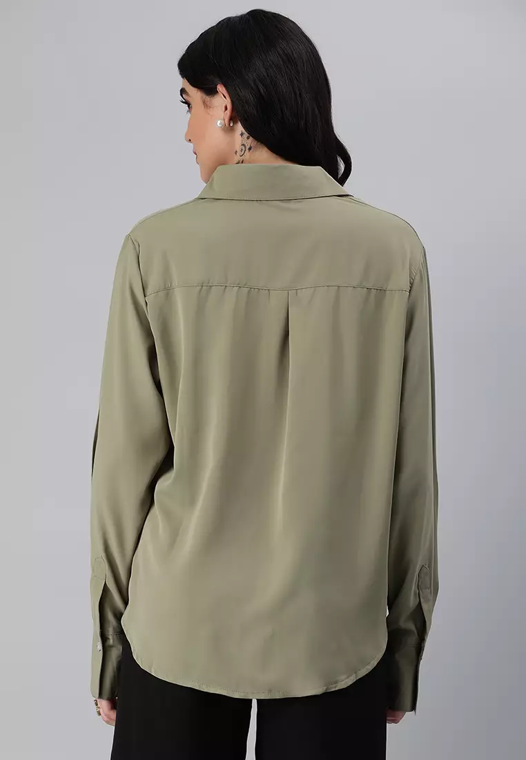 Sage Green Basic Long Sleeved Collared Shirt