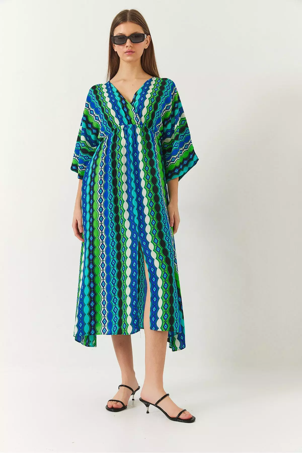 Women's Double Breasted V Neck Front Slit Detail Print Dress 60261411