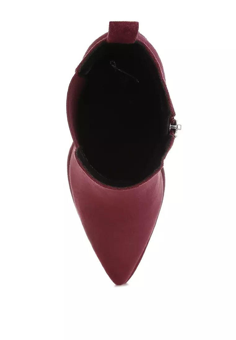 Studs Embellished High Ankle Boots in Burgundy