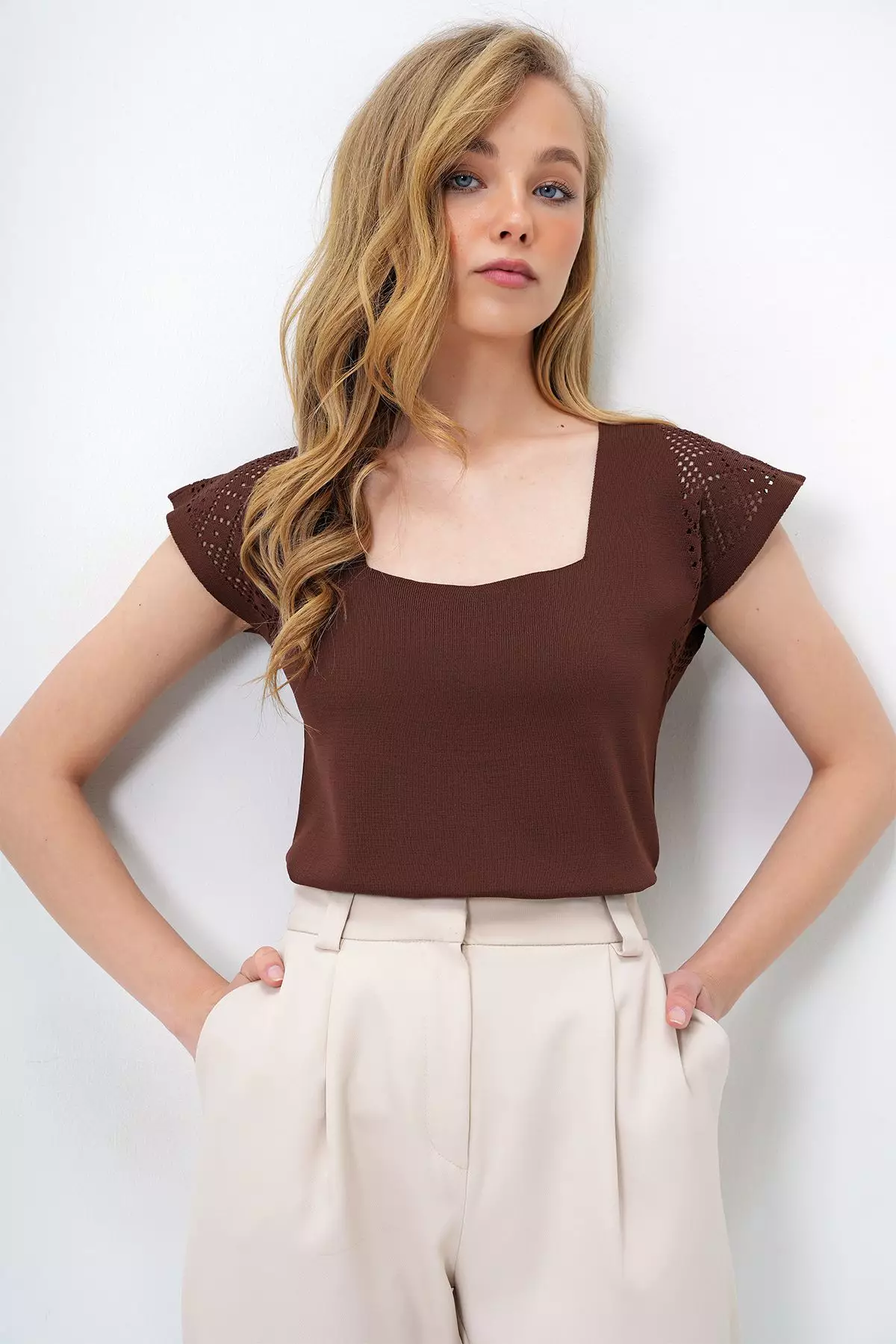 Women's Brown Square Collar Openwork Summer Knitwear Blouse