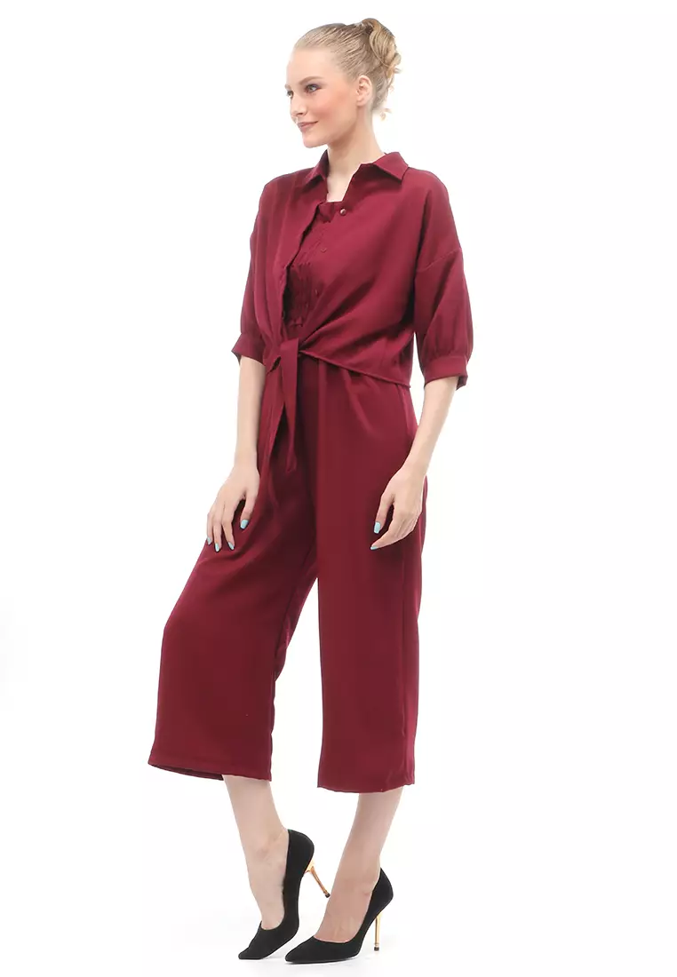 Jumpsuit Wanita Casual Motif Solid Setelan Relaxed Fit - Maroon