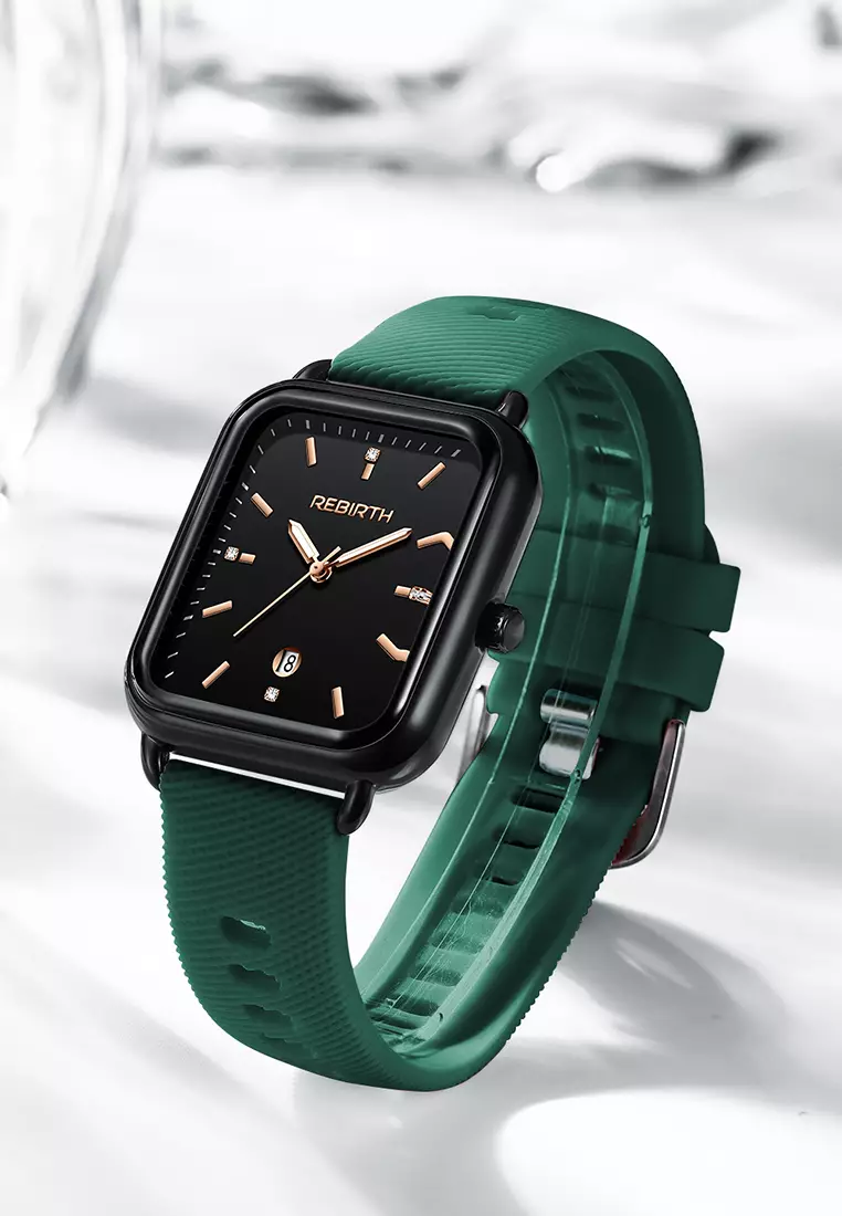 Jam Tangan Wanita Original Square Anggun Tali Silikon Anti Air hijau