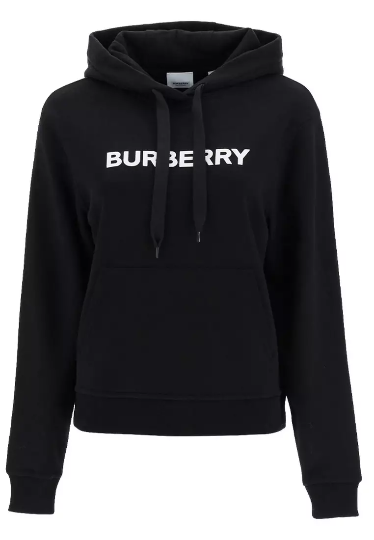 Burberry Logo Print Cotton Hoodie in Black
