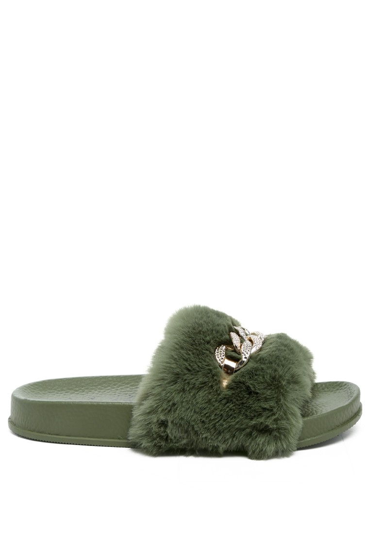 Metal Chain Detail Fur Slides in Olive