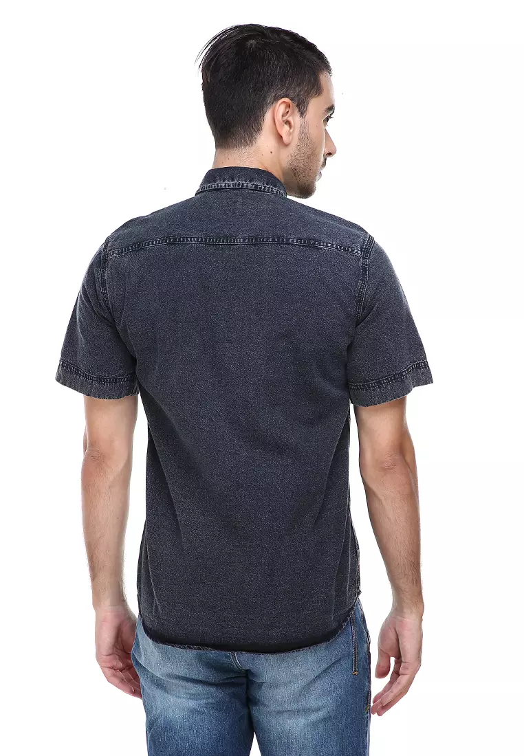 Dwan Casual Shirt Baju Kemeja Jeans Pria Lengan Pendek Material Denim ORIGINAL - Black