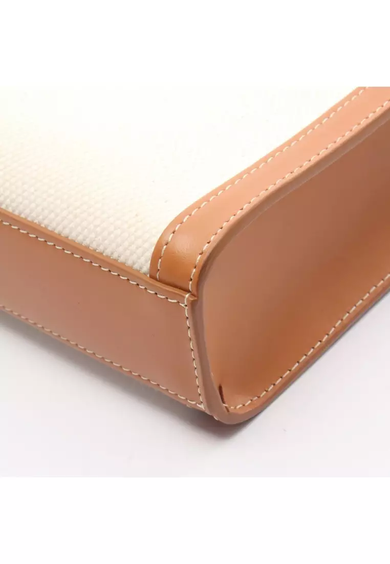 Pre-Loved Celine mini Vertical Cabas Handbag canvas leather ivory light brown 2WAY
